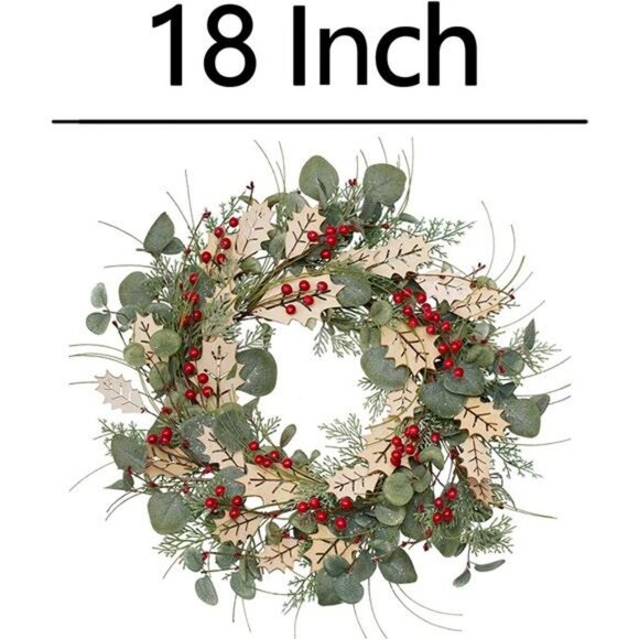 18" Christmas Wreath Traditional Pine Branches Wreath with Wood Leaves & Berries - Picture 2 of 5